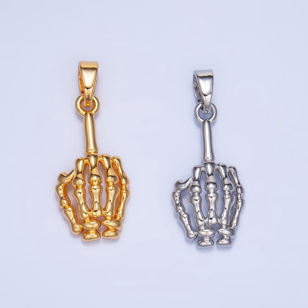 24K Gold Filled "Middle Finger" Skeleton Hand Gesture Multidimensional Pendant in Gold & Silver | AA993