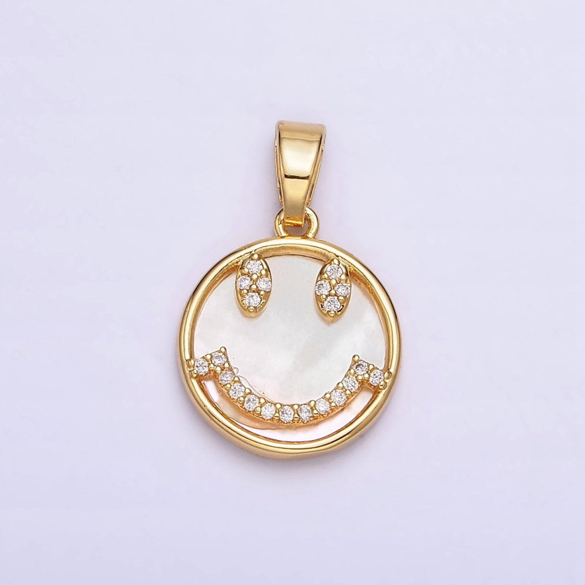 24K Gold Filled Smiley Face Micro Paved CZ Shell Pearl Round Pendant | AA584 - DLUXCA