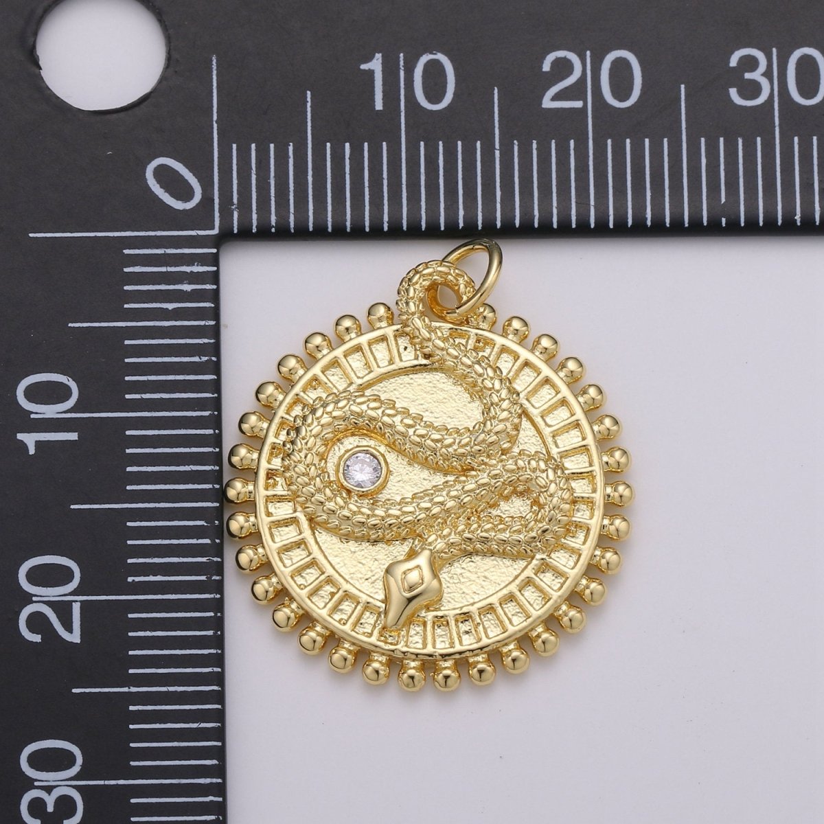 24k Gold Filled Snake Charm Gold medallion Coin Pendant, 25x23mm Round Disc Micro Pave Serpent Snake Jewelry for Necklace Component D-348