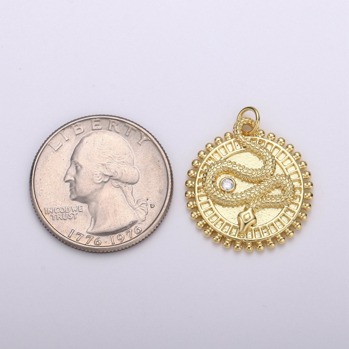 24k Gold Filled Snake Charm Gold medallion Coin Pendant, 25x23mm Round Disc Micro Pave Serpent Snake Jewelry for Necklace Component D-348
