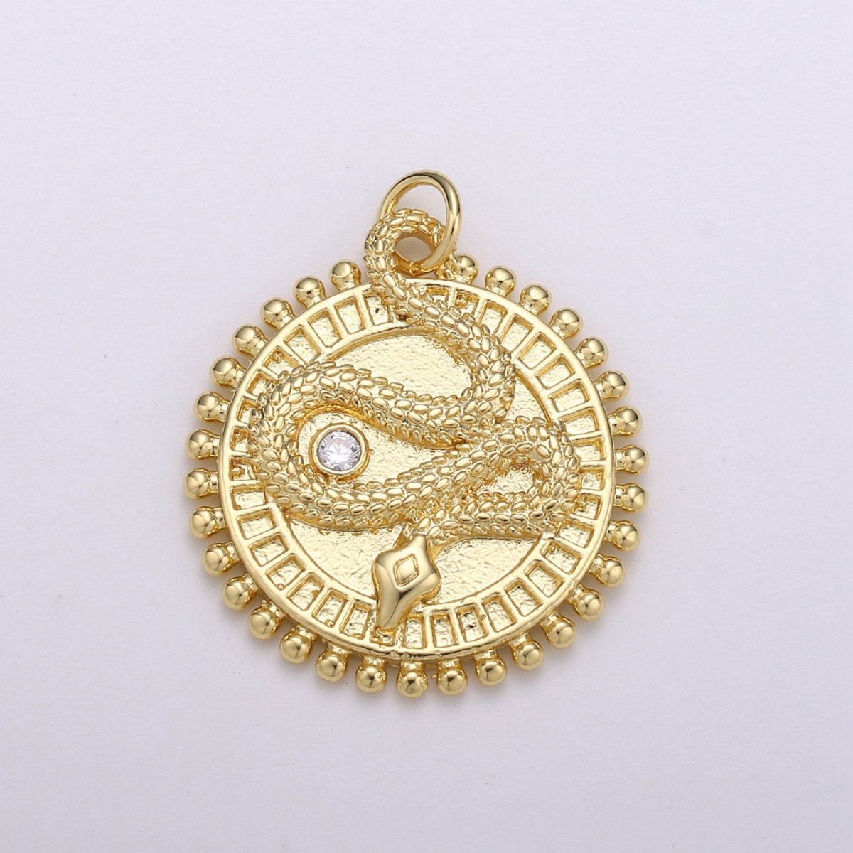 24k Gold Filled Snake Charm Gold medallion Coin Pendant, 25x23mm Round Disc Micro Pave Serpent Snake Jewelry for Necklace Component D-348