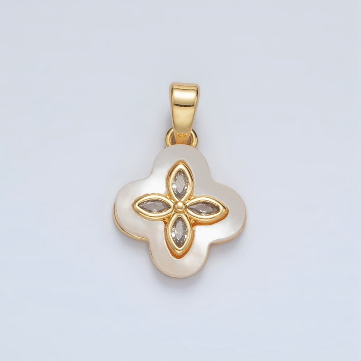 24K Gold Filled Sphere CZ Shell Pearl Quatrefoil Flower Pendant in Gold & Silver | AA1522