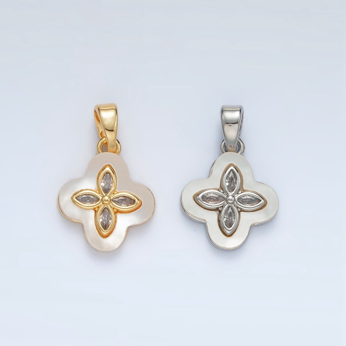 24K Gold Filled Sphere CZ Shell Pearl Quatrefoil Flower Pendant in Gold & Silver | AA1522