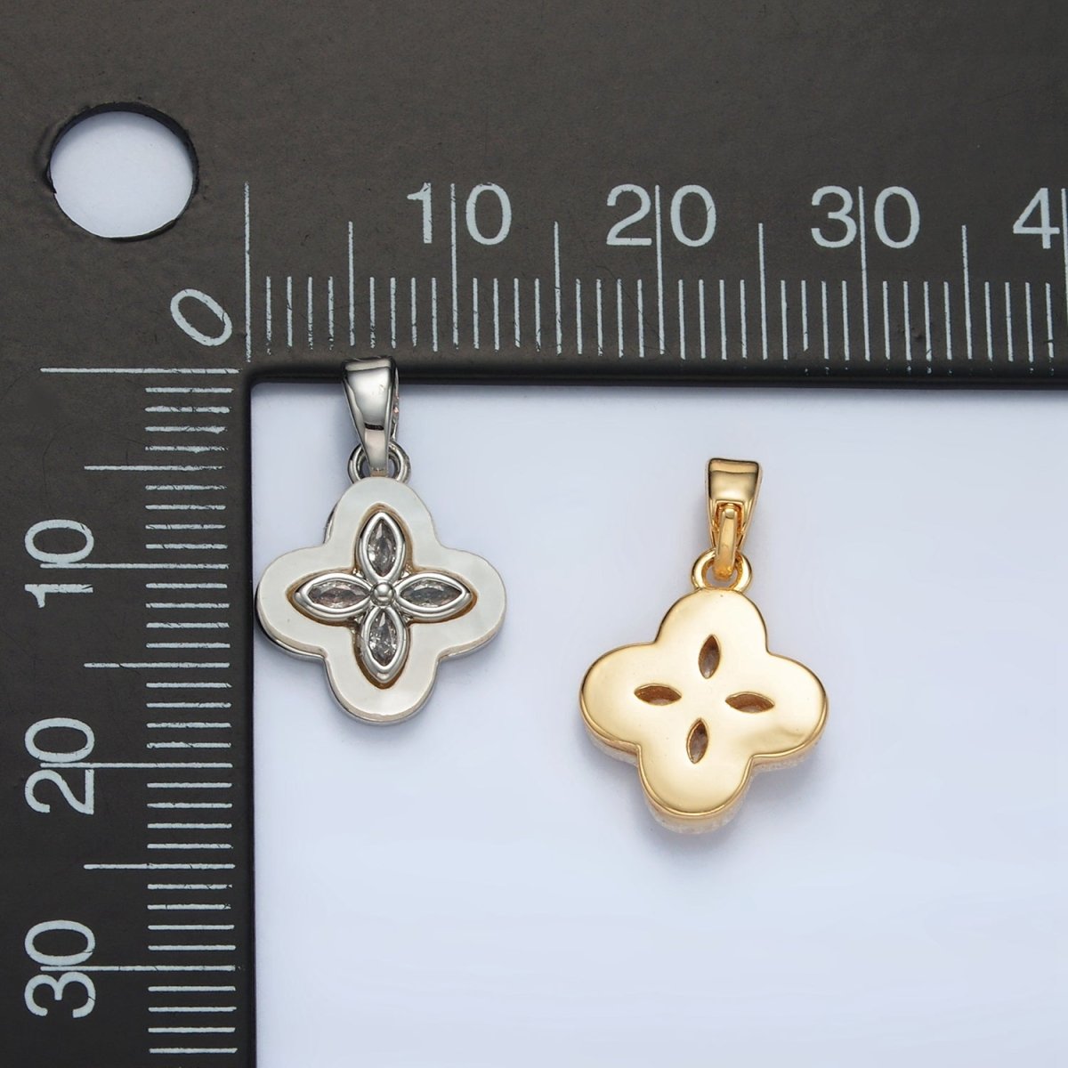 24K Gold Filled Sphere CZ Shell Pearl Quatrefoil Flower Pendant in Gold & Silver | AA1522