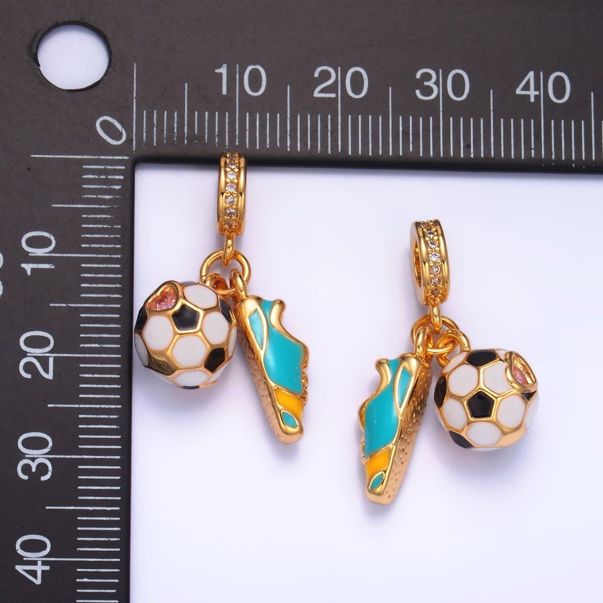 24K Gold Filled Sports Soccer Ball Shoes Enamel Micro Paved CZ Rhondelle Drop Pendant | W334 - DLUXCA
