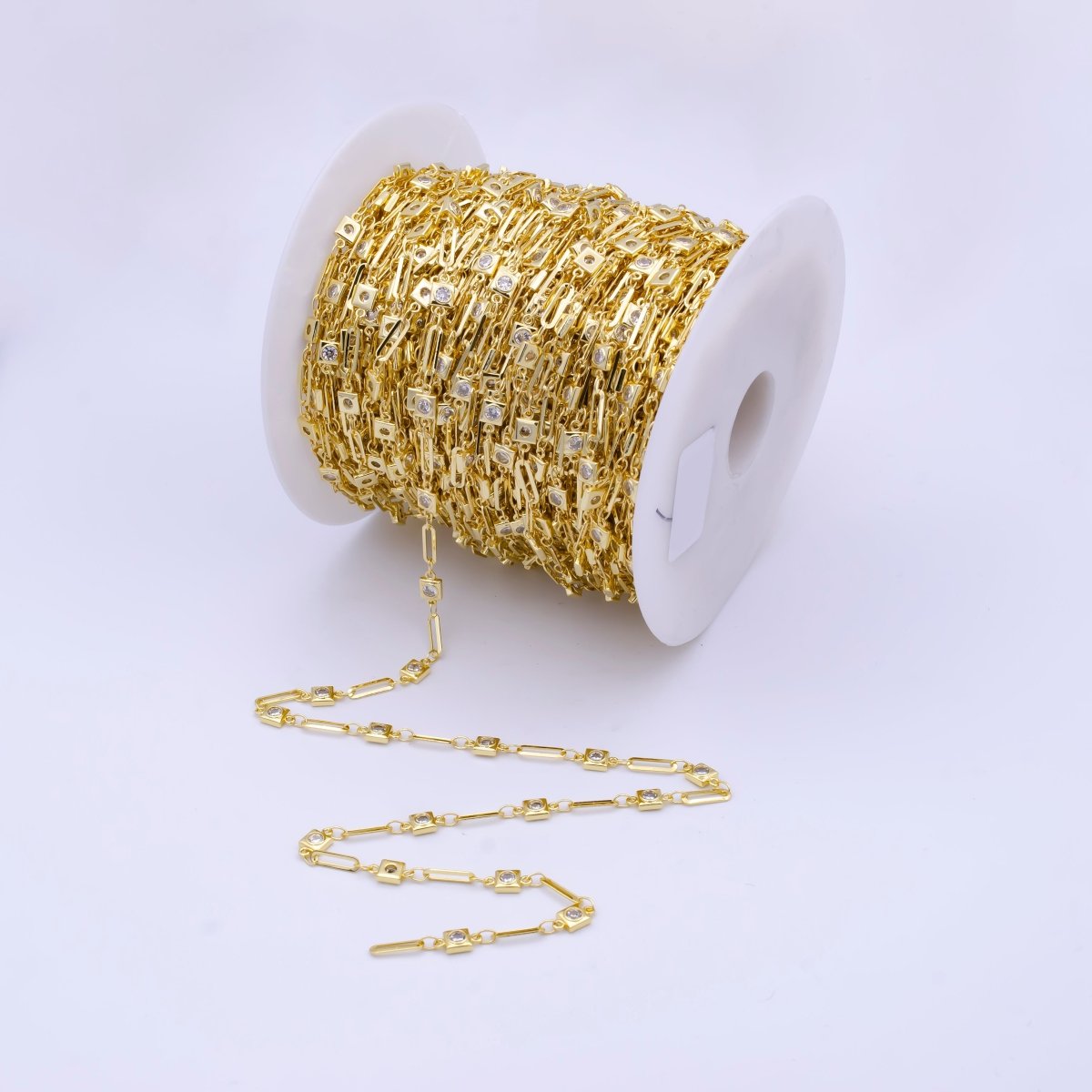 24k Gold Filled Square CZ Satellites Chain by Yard Wholesale Gold Station Chain CZ Bezel Cut Chain for Jewelry Making | ROLL-786 Clearance Pricing - DLUXCA