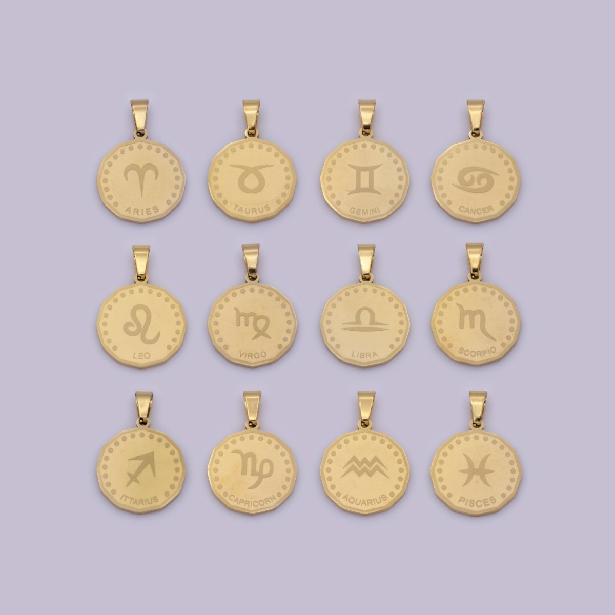 24K Gold Filled Stainless Steel Zodiac Horoscope Sign Gold Medallion Pendant | A-768-A-779 - DLUXCA