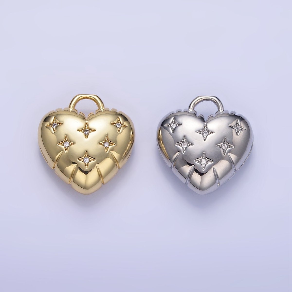 24K Gold Filled Star CZ Puffed Heart Charm in Gold & Silver | H035