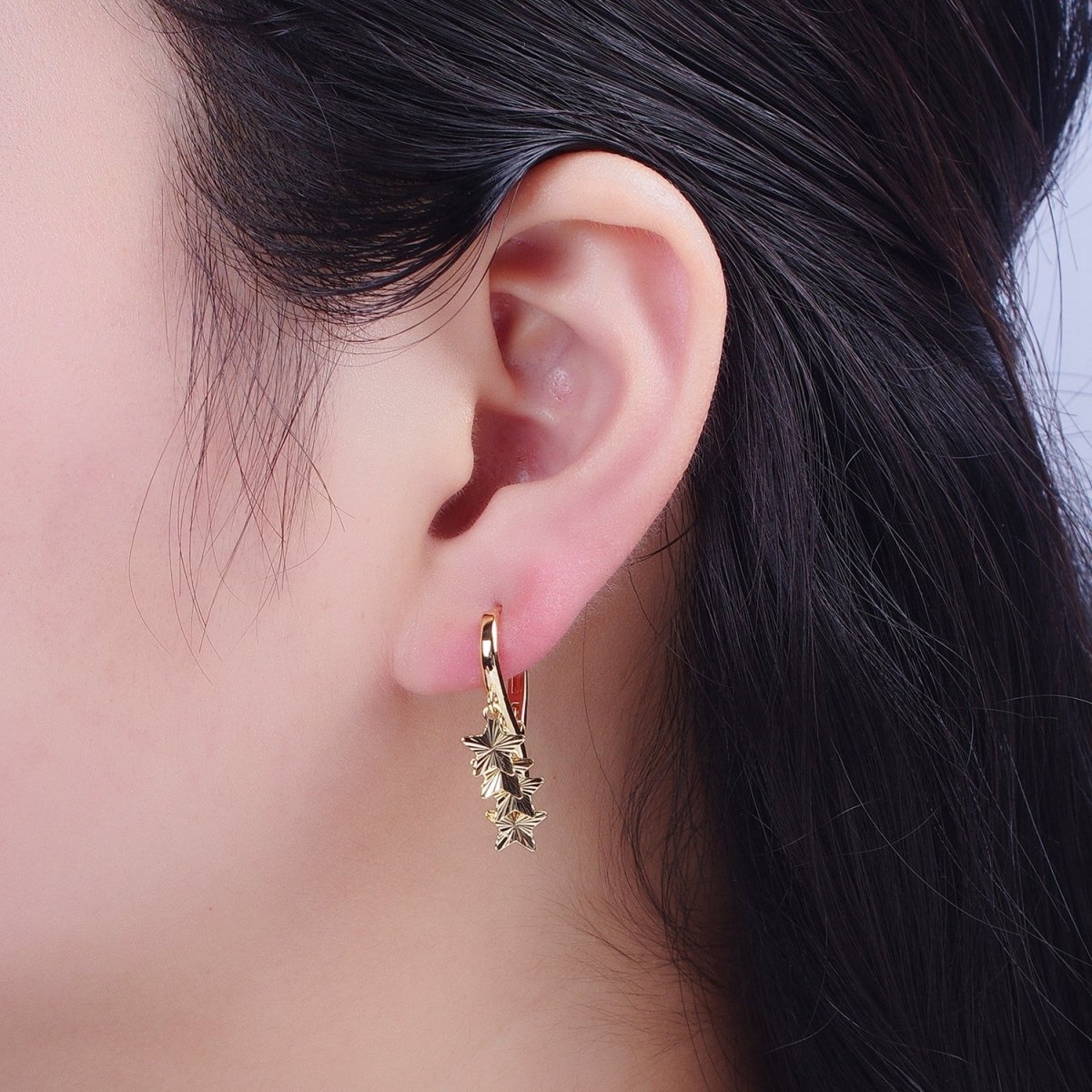 24K Gold Filled Starburst Celestial Star Charm Dangle on Teardrop Huggie Hoop Earrings T-181 - DLUXCA