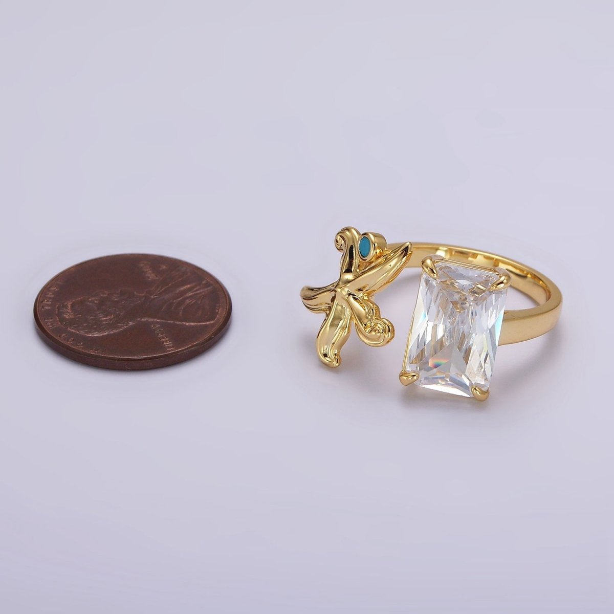 24K Gold Filled Starfish Turquoise Clear Baguette CZ Open Claw Ring | O1238