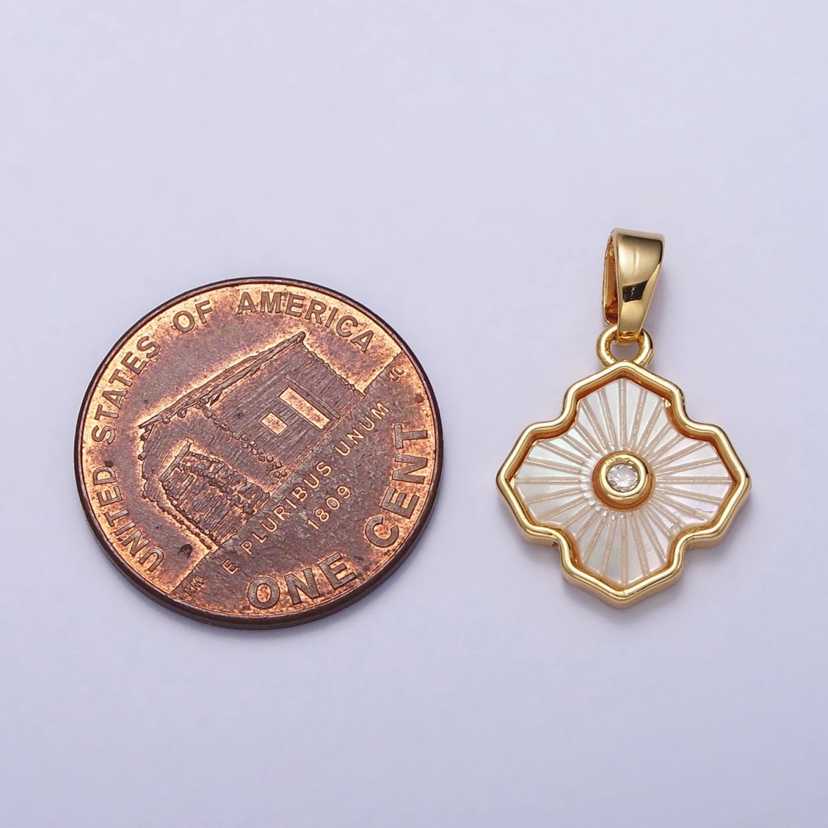 24K Gold Filled Stripped Shell Pearl Flower Clover CZ Geometric Pendant | AA105 - DLUXCA