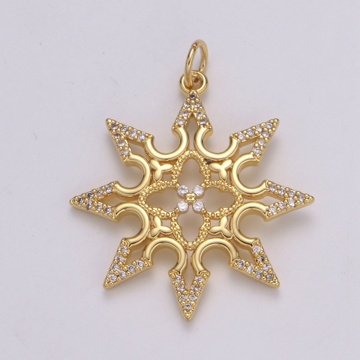 24K Gold Filled Sun CZ Pendant, Micro Pave Cubic Zirconia Star Sun Burst Charm, Celestial Charm 31x25mm E-211 - DLUXCA