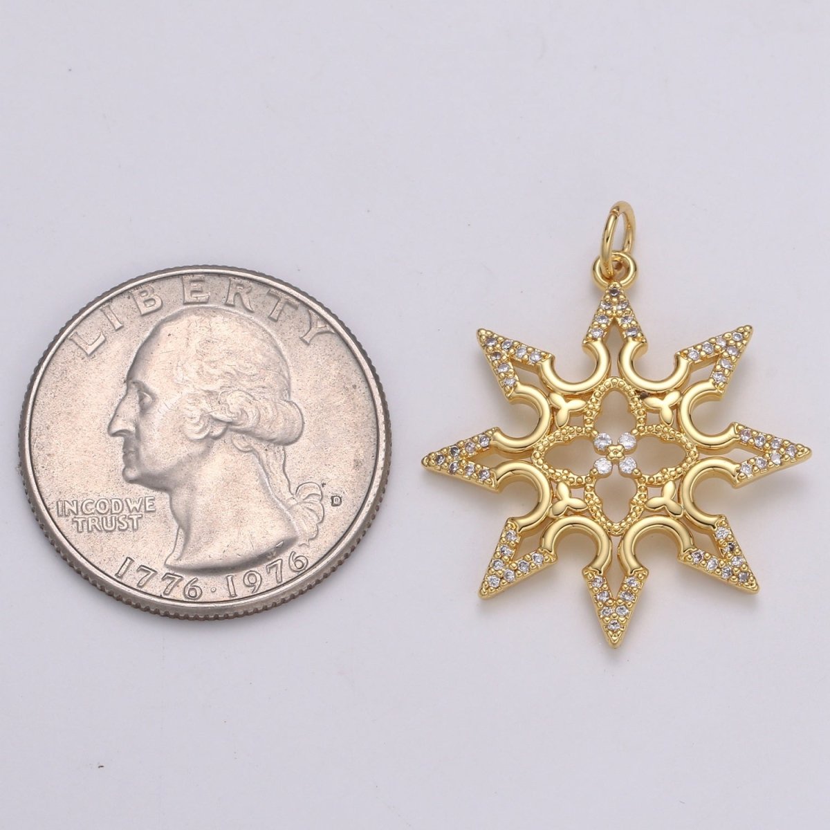 24K Gold Filled Sun CZ Pendant, Micro Pave Cubic Zirconia Star Sun Burst Charm, Celestial Charm 31x25mm E-211 - DLUXCA