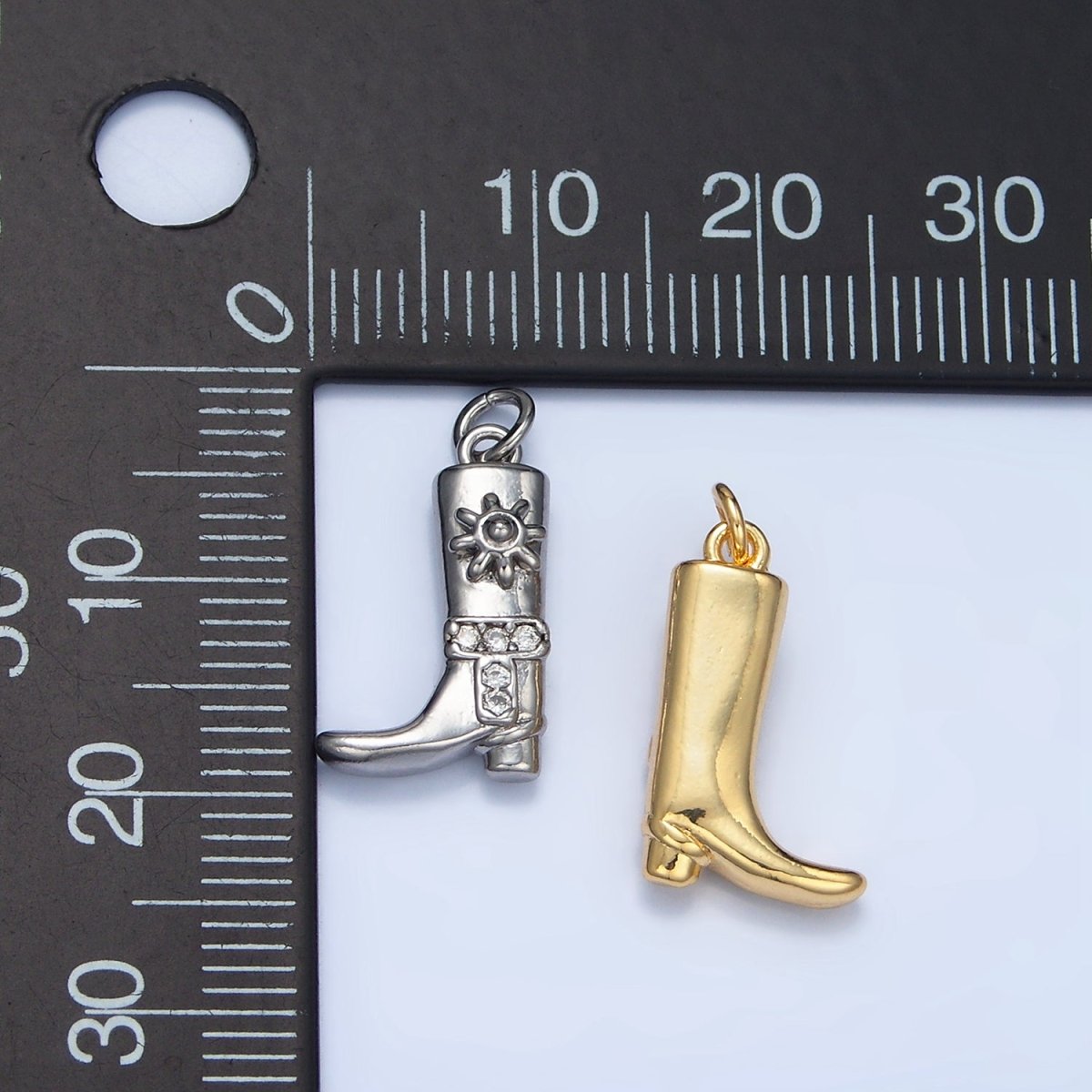 24K Gold Filled Sun Micro Paved CZ Cowboy Boot Charm in Gold & Silver | W076