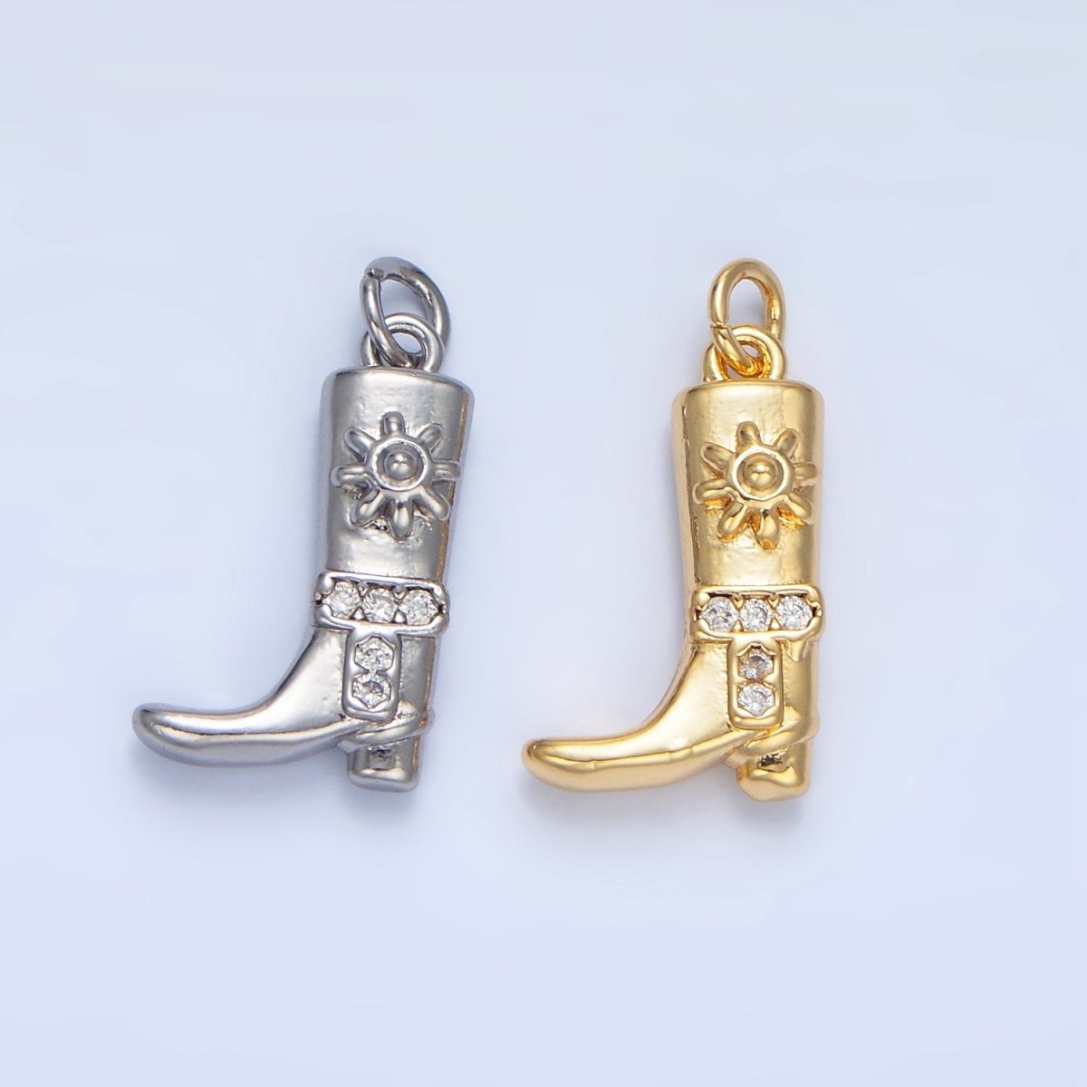 24K Gold Filled Sun Micro Paved CZ Cowboy Boot Charm in Gold & Silver | W076