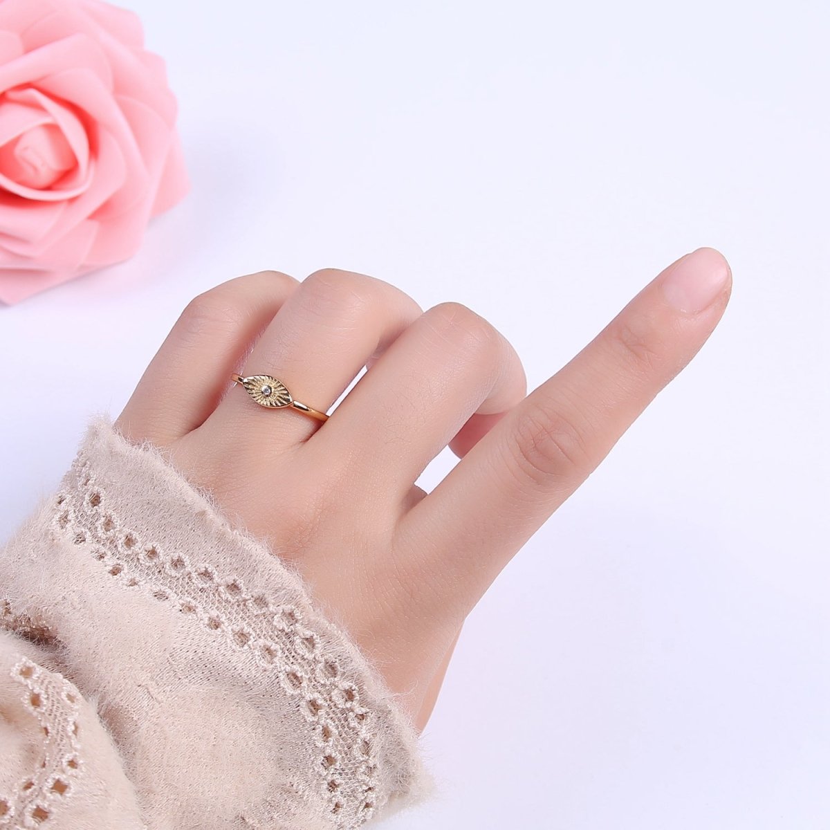 24K Gold Filled Sunburst Flower Adjustable Ring with Green Fuchsia Pink Black Blue Crystal Zirconia CZ | U-413-U-416