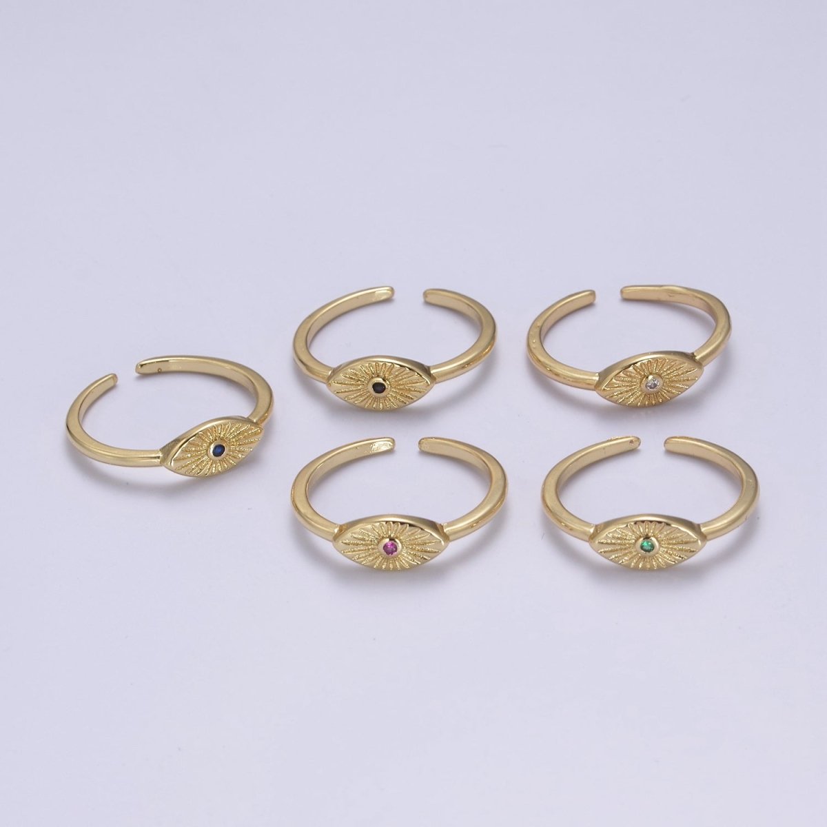 24K Gold Filled Sunburst Flower Adjustable Ring with Green Fuchsia Pink Black Blue Crystal Zirconia CZ | U-413-U-416