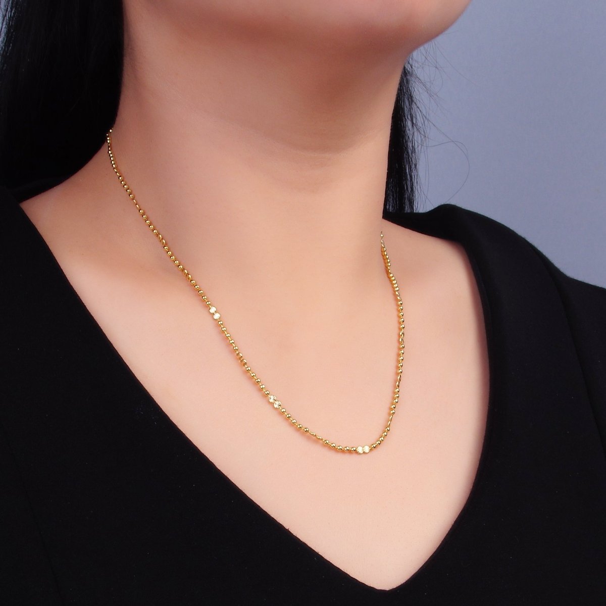 24K Gold Filled Sunburst Satellite Beaded Chain Necklace 17.5 Inch with Extender | WA3238 - DLUXCA