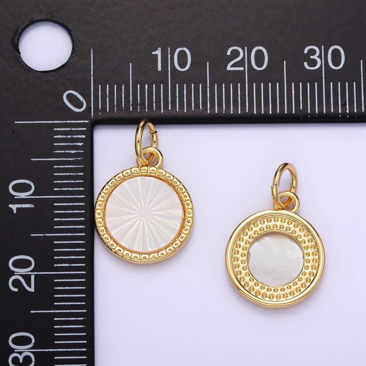 24K Gold Filled Sunburst Shell Pearl Bezel Round Charm | E354 - DLUXCA