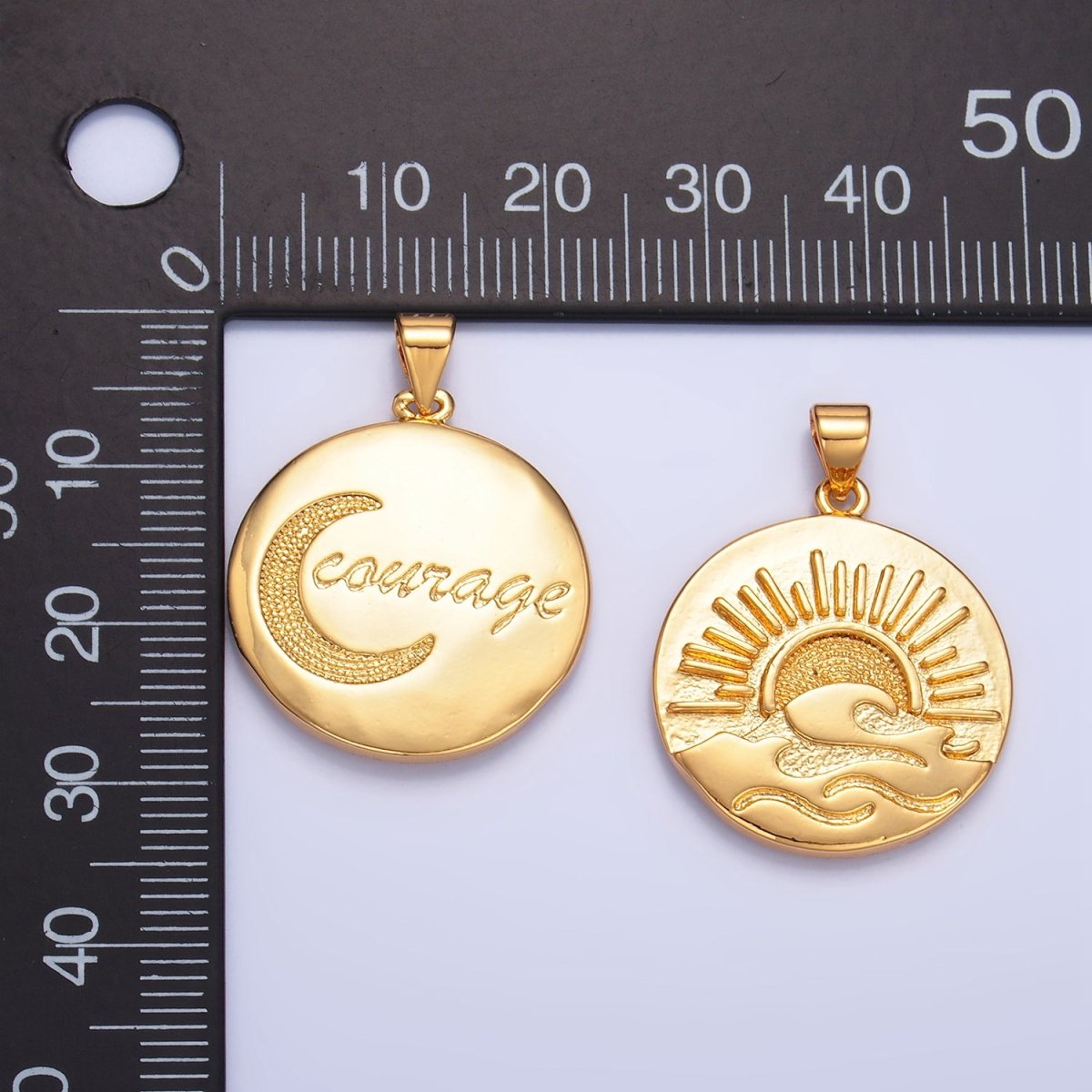24K Gold Filled Sunrise & Crescent Moon Courage Scripted Word Double Sided Pendant | AA - 1033 - DLUXCA