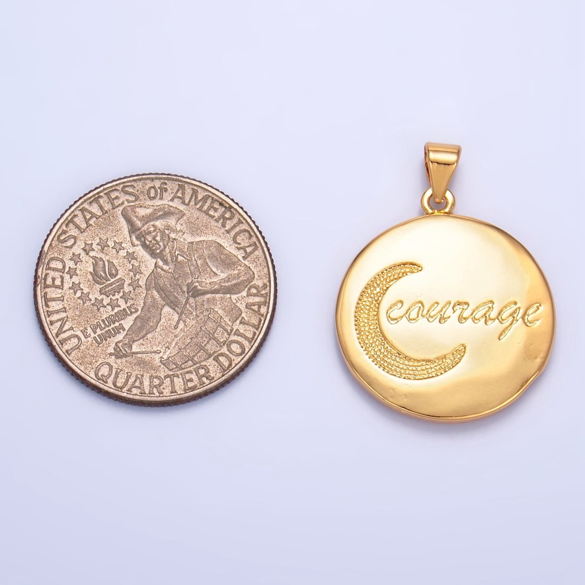 24K Gold Filled Sunrise & Crescent Moon Courage Scripted Word Double Sided Pendant | AA - 1033 - DLUXCA