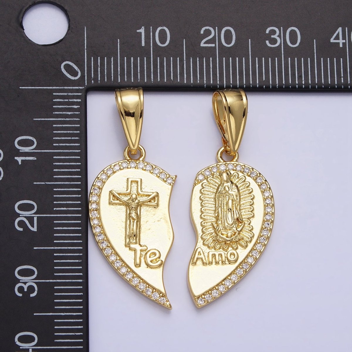 24K Gold Filled "Te Amo" Crucifix Cross, Virgin Mary Religious Breakable Heart Pendant | AA227 AA228