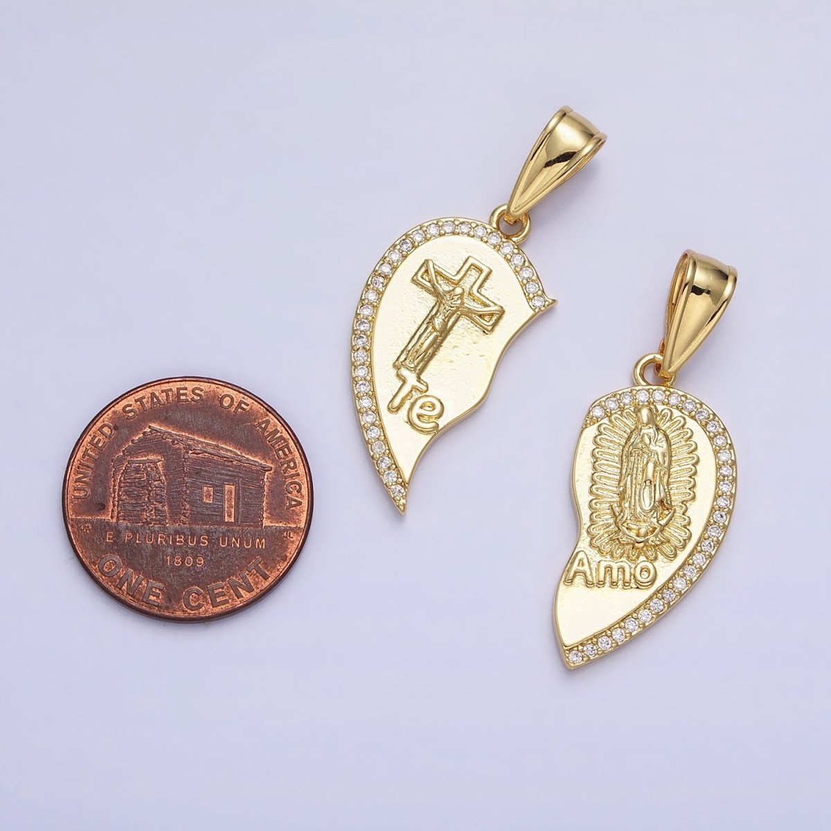 24K Gold Filled "Te Amo" Crucifix Cross, Virgin Mary Religious Breakable Heart Pendant | AA227 AA228