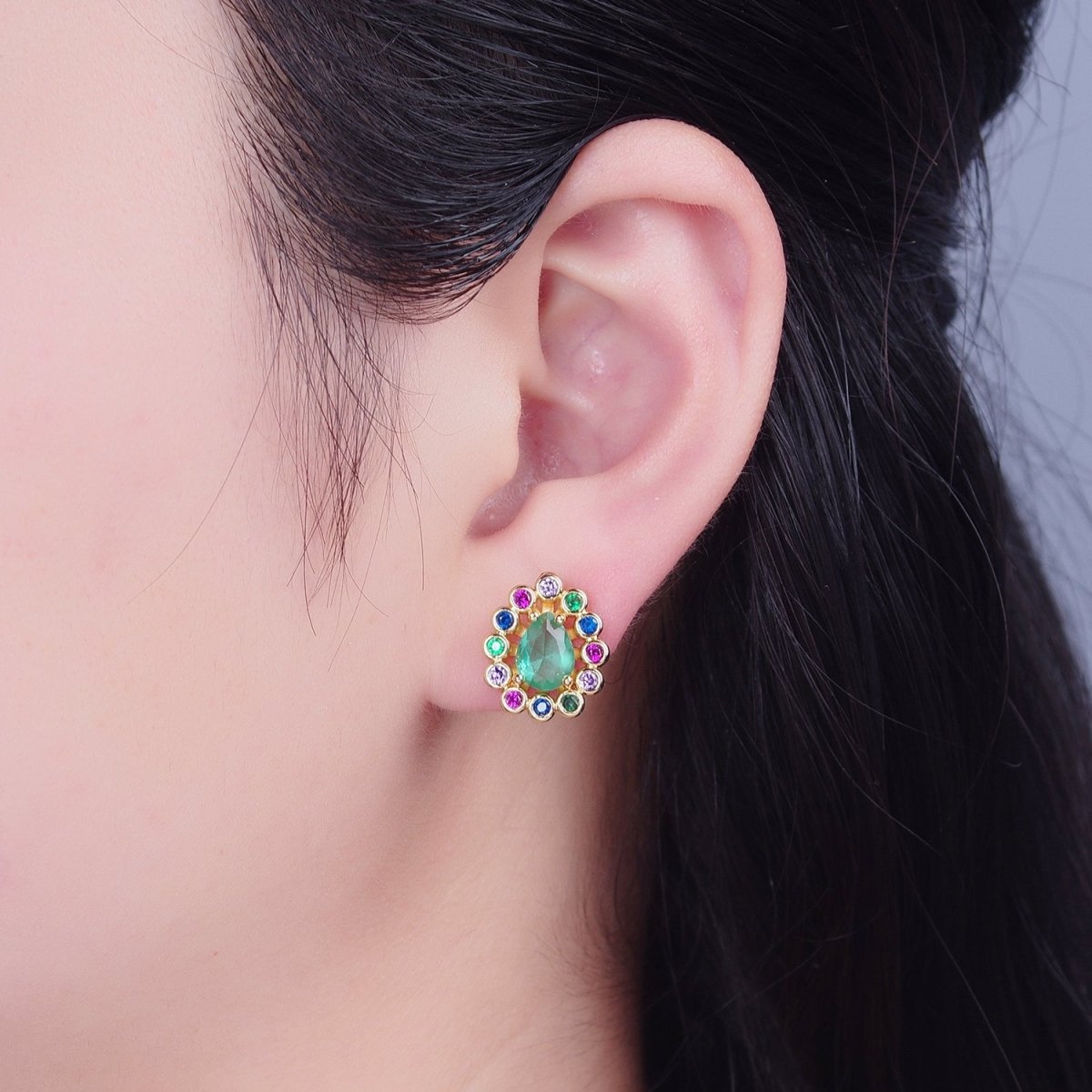 24K Gold Filled Teal Teardrop CZ Studs, Multicolor Round Earrings V-448 - DLUXCA