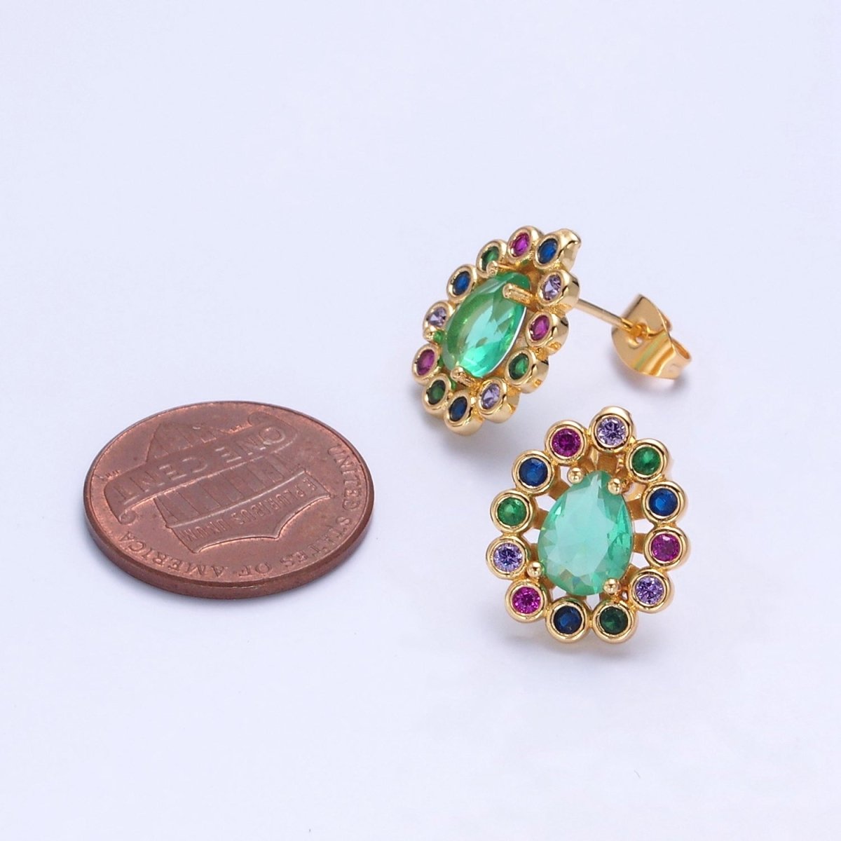 24K Gold Filled Teal Teardrop CZ Studs, Multicolor Round Earrings V-448 - DLUXCA