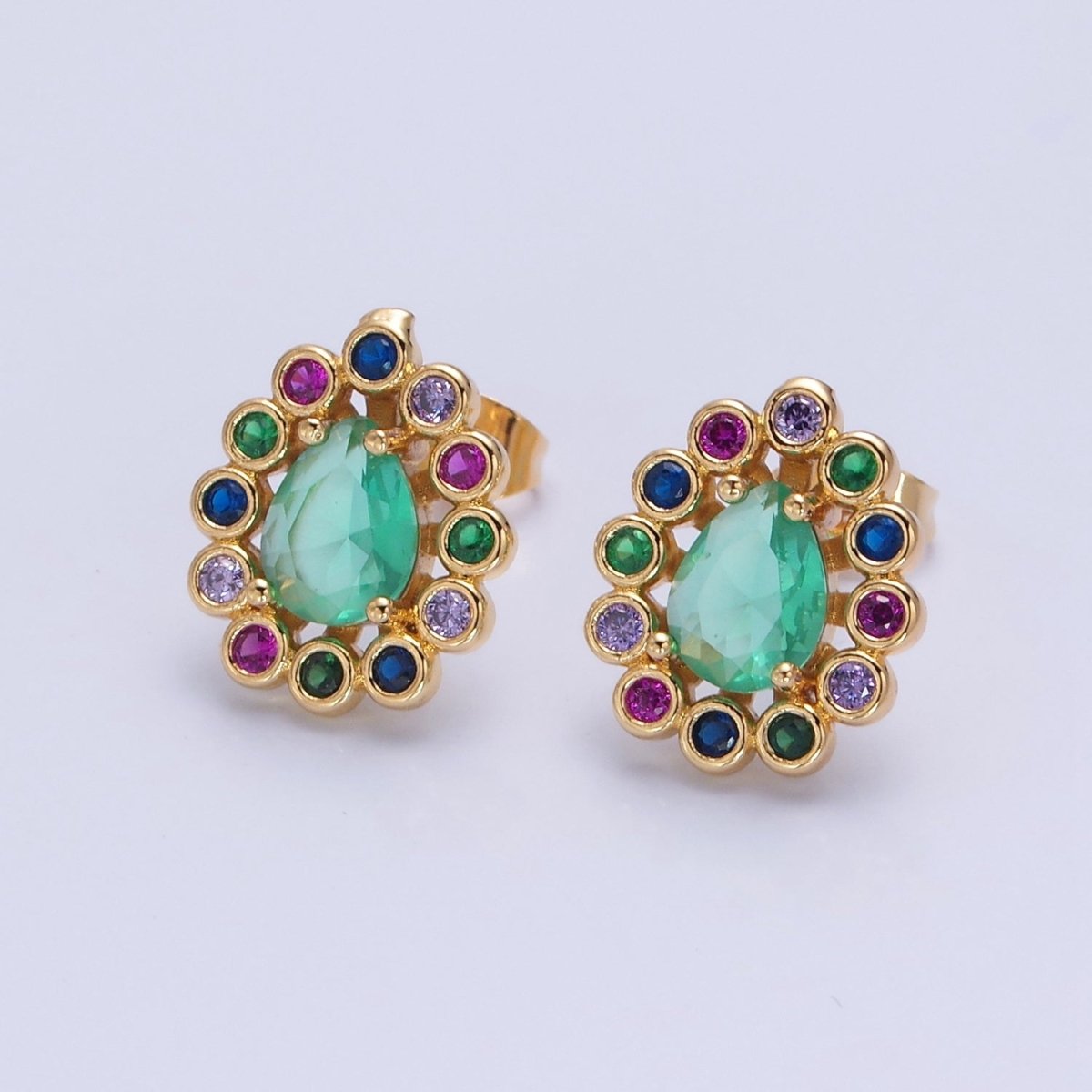 24K Gold Filled Teal Teardrop CZ Studs, Multicolor Round Earrings V-448 - DLUXCA