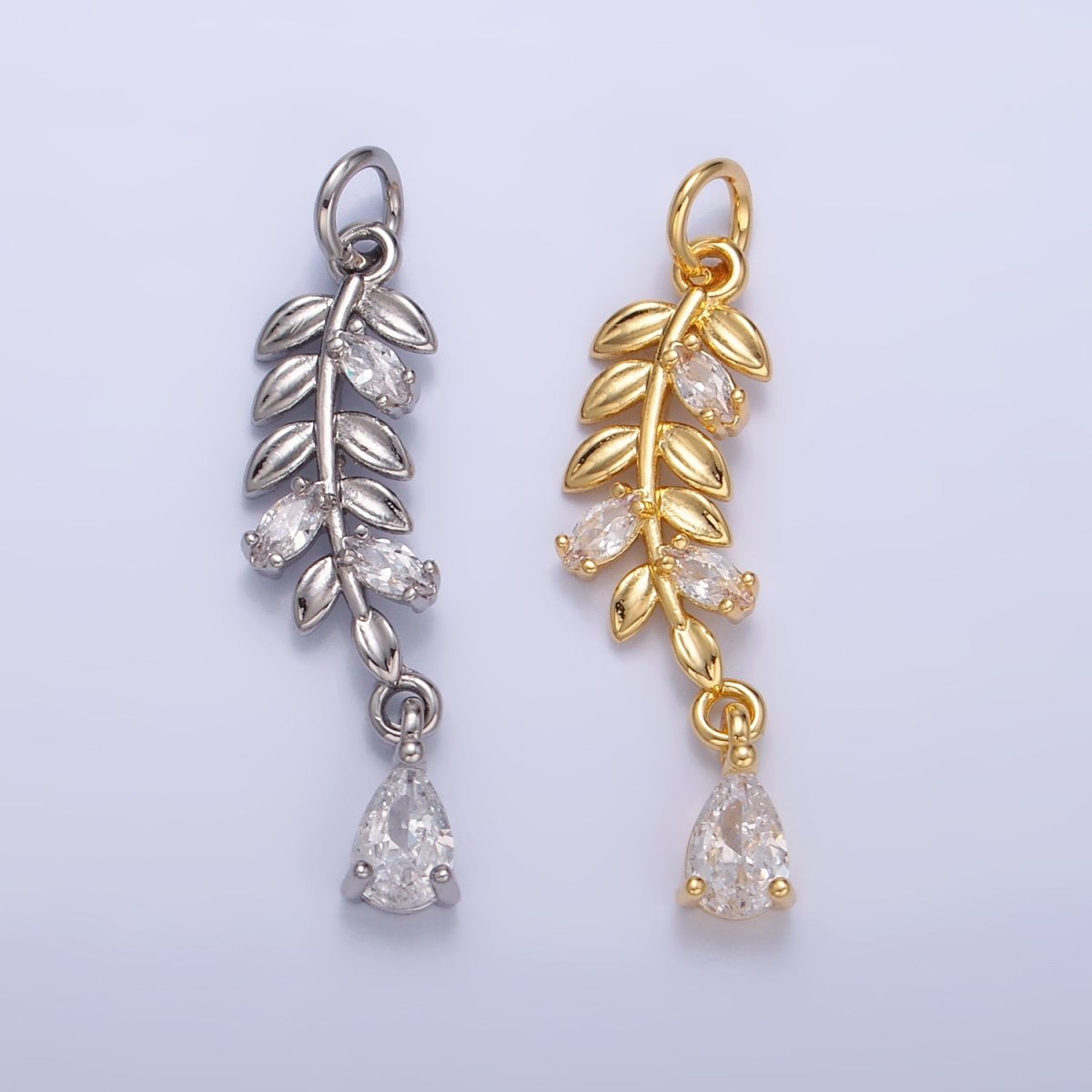 24K Gold Filled Teardrop CZ Leaf Nature Charm in Gold & Silver | W449