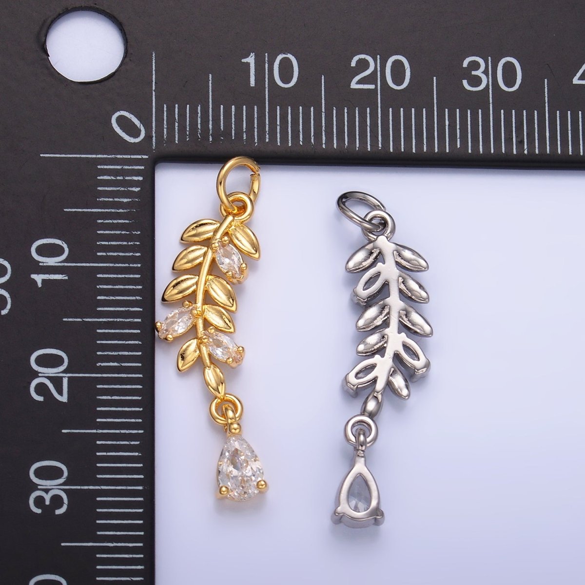 24K Gold Filled Teardrop CZ Leaf Nature Charm in Gold & Silver | W449