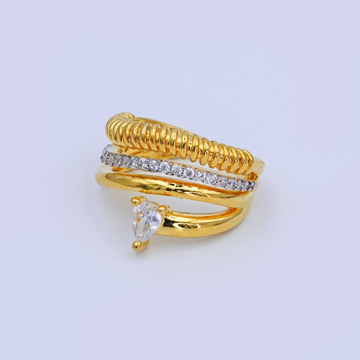 24K Gold Filled Teardrop CZ Micro Paved Ringed Multiple Band Ring | O1074 - DLUXCA