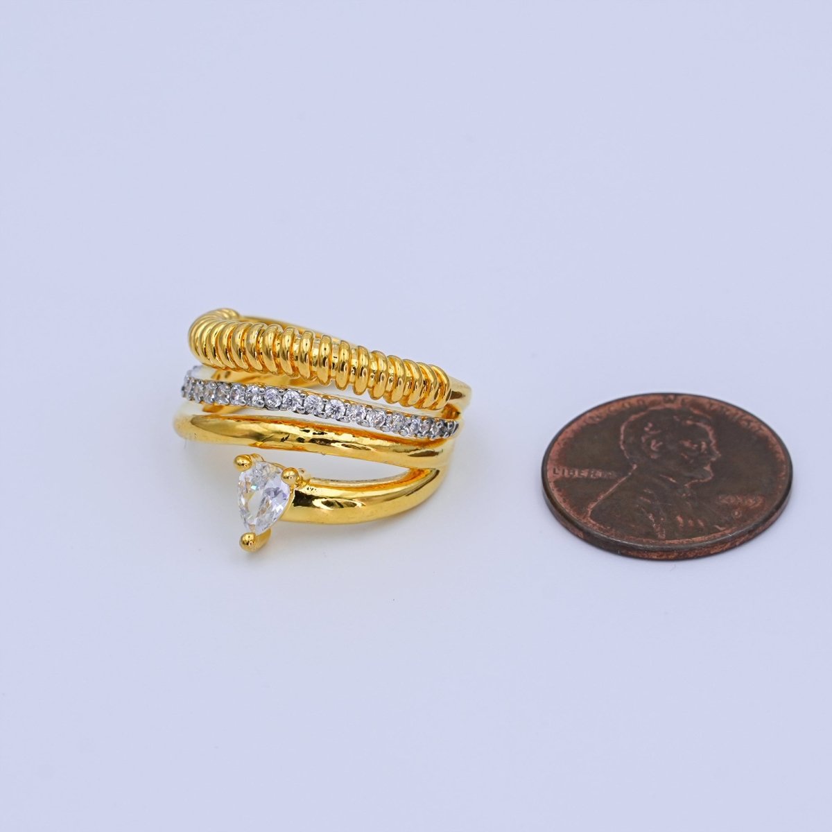 24K Gold Filled Teardrop CZ Micro Paved Ringed Multiple Band Ring | O1074 - DLUXCA