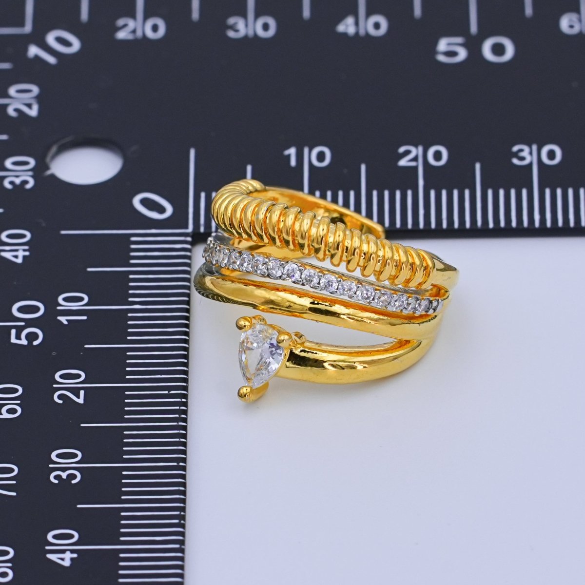 24K Gold Filled Teardrop CZ Micro Paved Ringed Multiple Band Ring | O1074 - DLUXCA