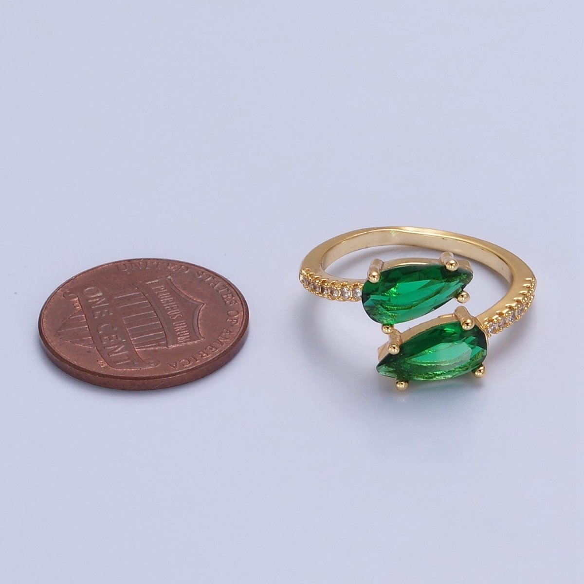 24K Gold Filled Teardrop CZ Ring, Green / Fuchsia Cubic Zirconia Open Ring with Clear Micro Pave Band  O-2290  O-2291