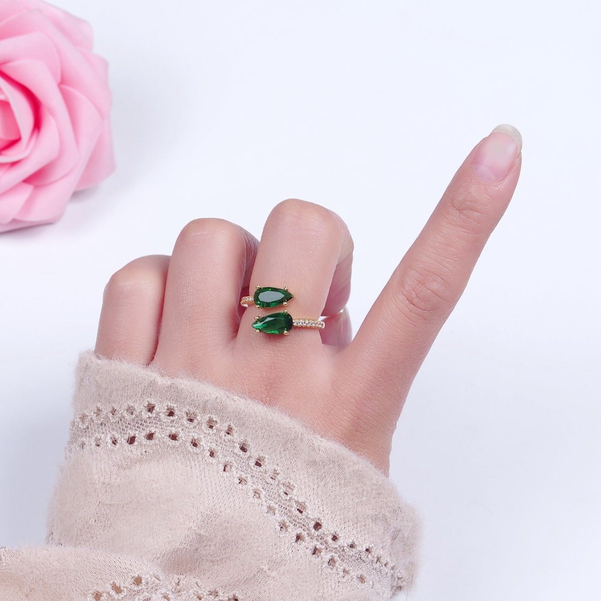 24K Gold Filled Teardrop CZ Ring, Green / Fuchsia Cubic Zirconia Open Ring with Clear Micro Pave Band  O-2290  O-2291