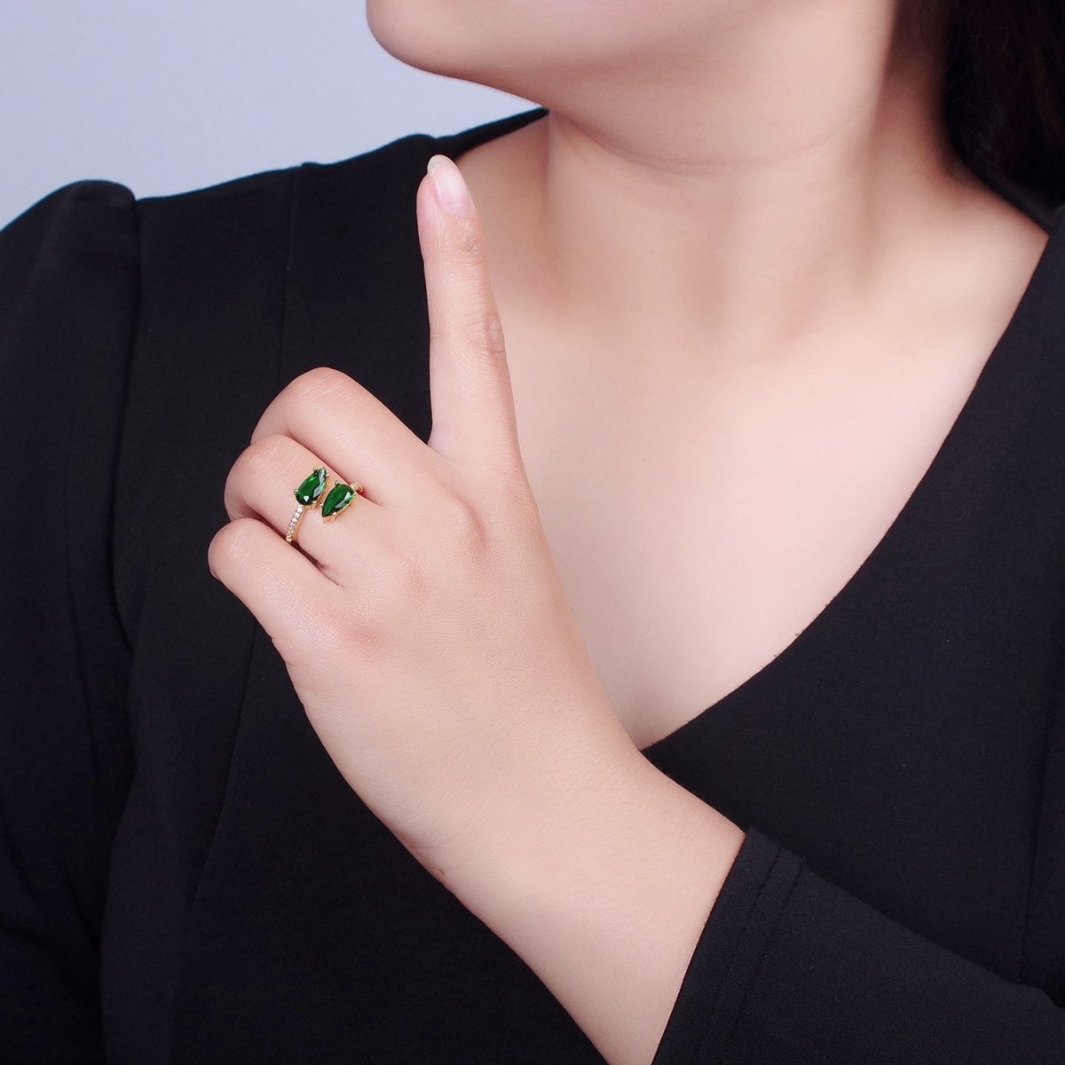 24K Gold Filled Teardrop CZ Ring, Green / Fuchsia Cubic Zirconia Open Ring with Clear Micro Pave Band  O-2290  O-2291