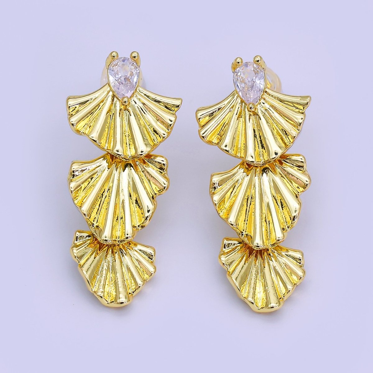 24K Gold Filled Teardrop CZ Sunburst Foil Drop Stud Earrings | AI438 - DLUXCA