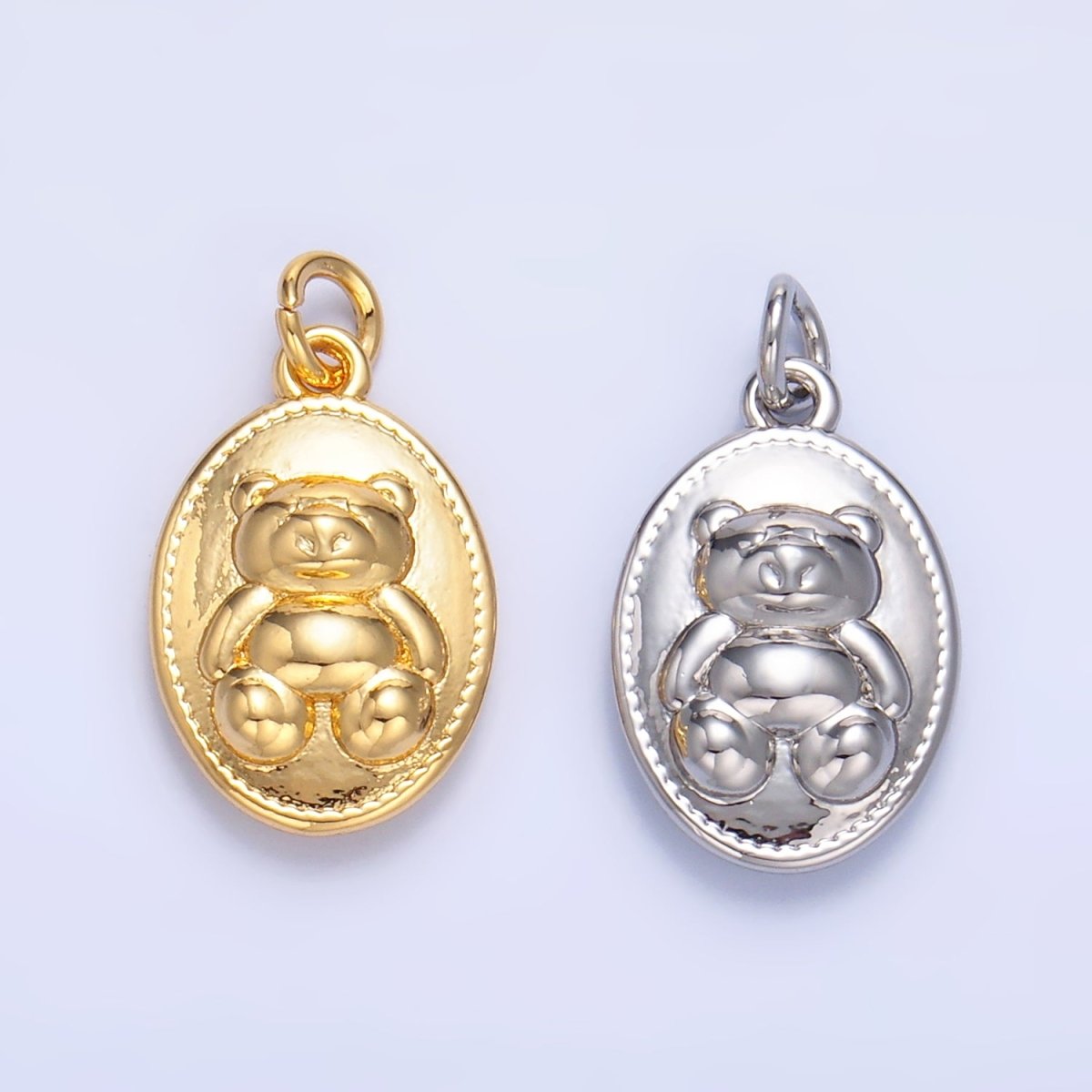 24K Gold Filled Teddy Bear Oval Charm in Gold & Silver | W217