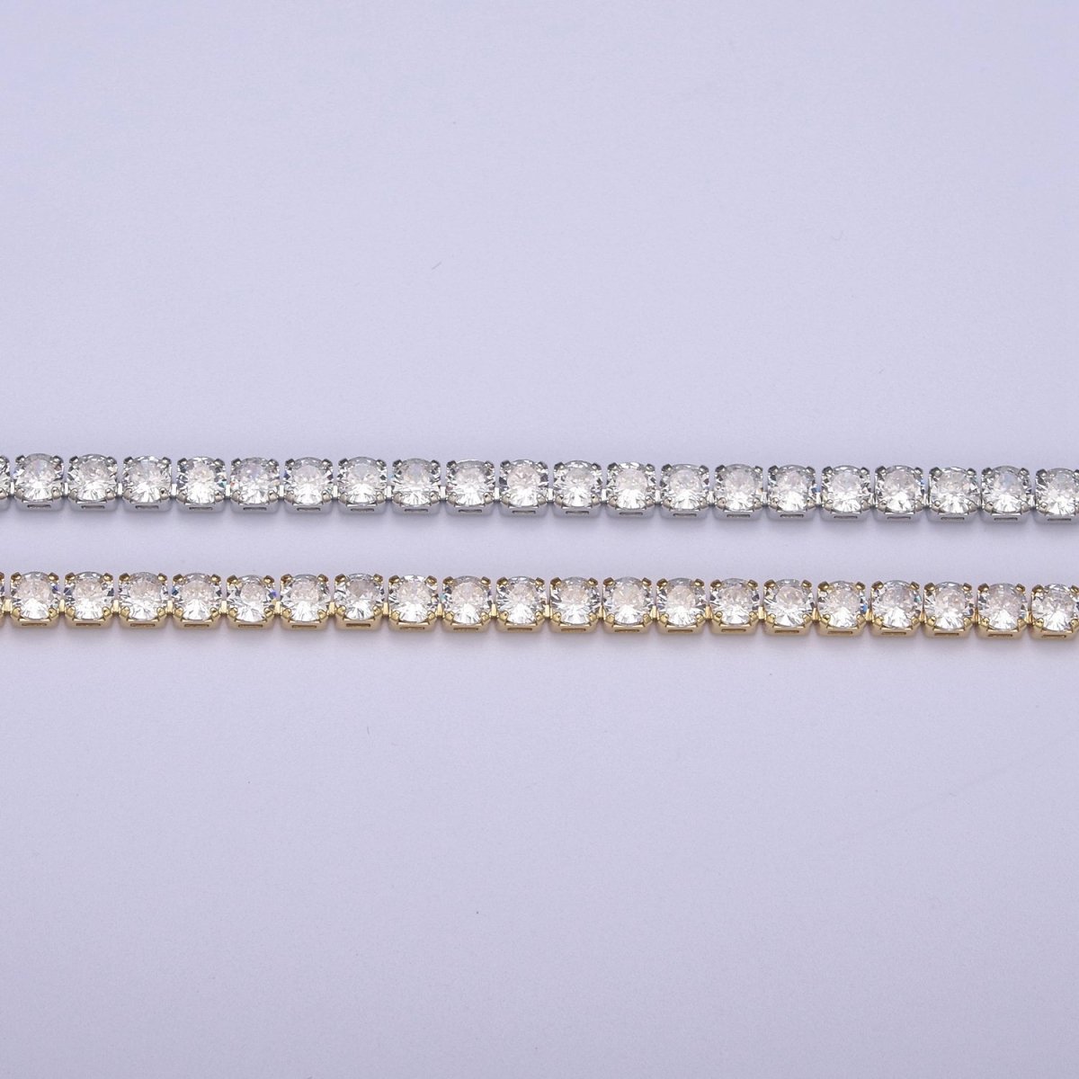 24K Gold Filled Tennis Chain, 4mm Unfinished Crystal Cubic Zirconia CZ Chain For Jewelry Making in Gold & Silver, Wholesale Supply For Diamond Necklace Bracelet Anklet | ROLL-684, ROLL-685 Clearance Pricing