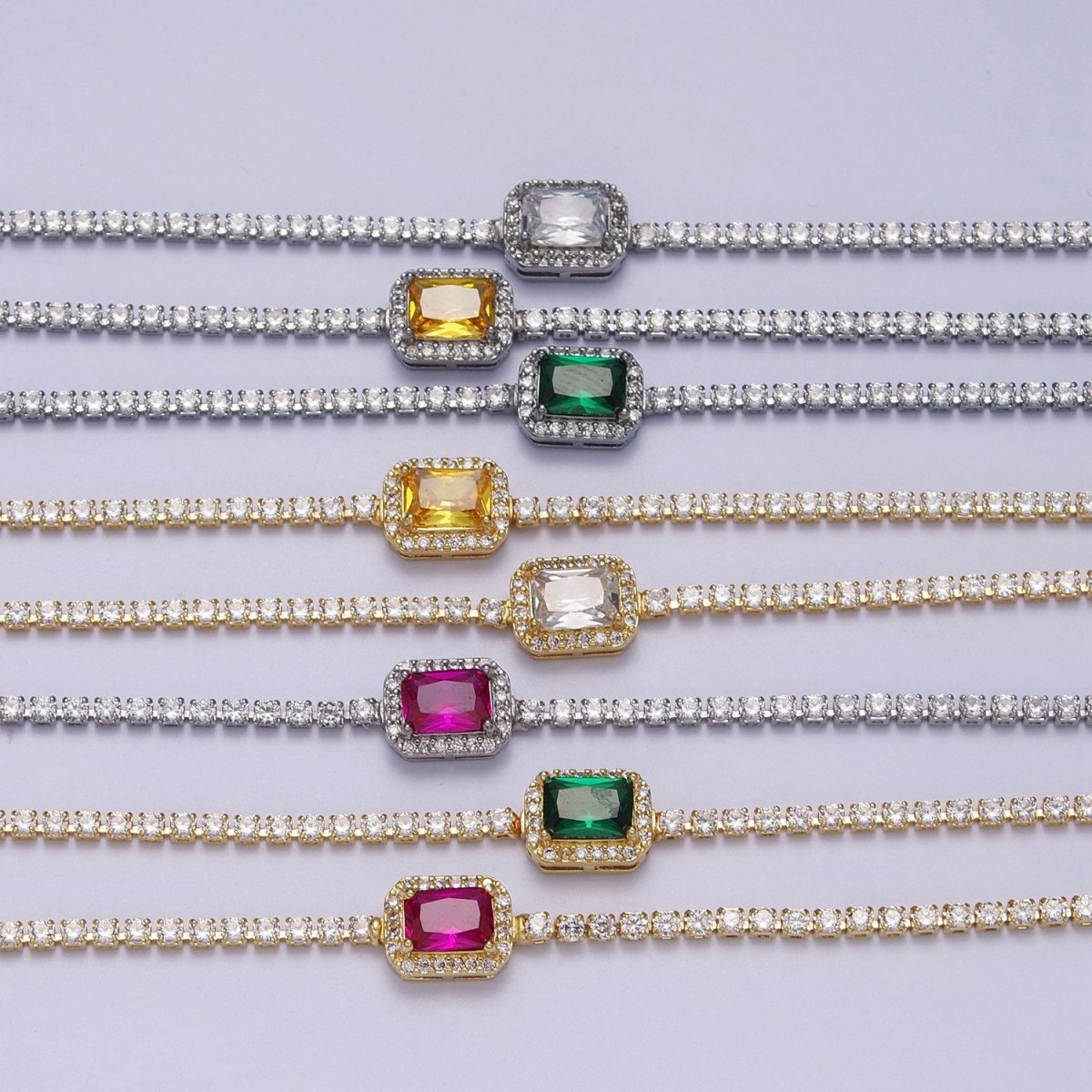 24k Gold Filled Tennis Chain Baguette Cubic Zirconia Bracelet Chain in Silver & Gold | WA-1286 - WA-1293 Clearance Pricing