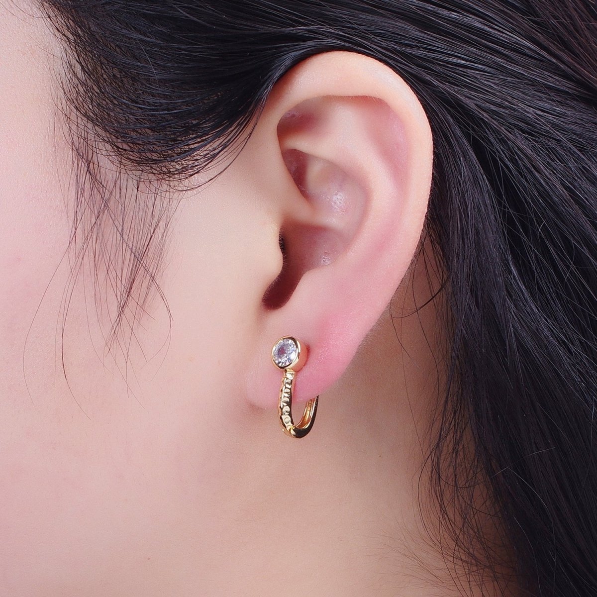 24K Gold Filled Textured Round Cubic Zirconia Latch Back Earrings T-034 - DLUXCA