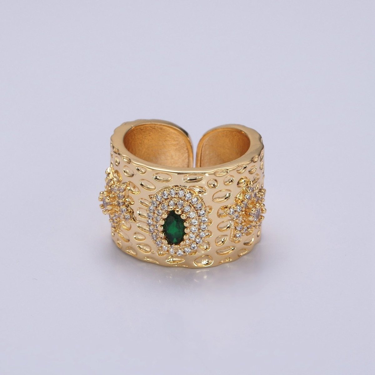 24K Gold Filled Textured Signet Ring with Micro Pave Star & Green Cubic Zirconia O-798