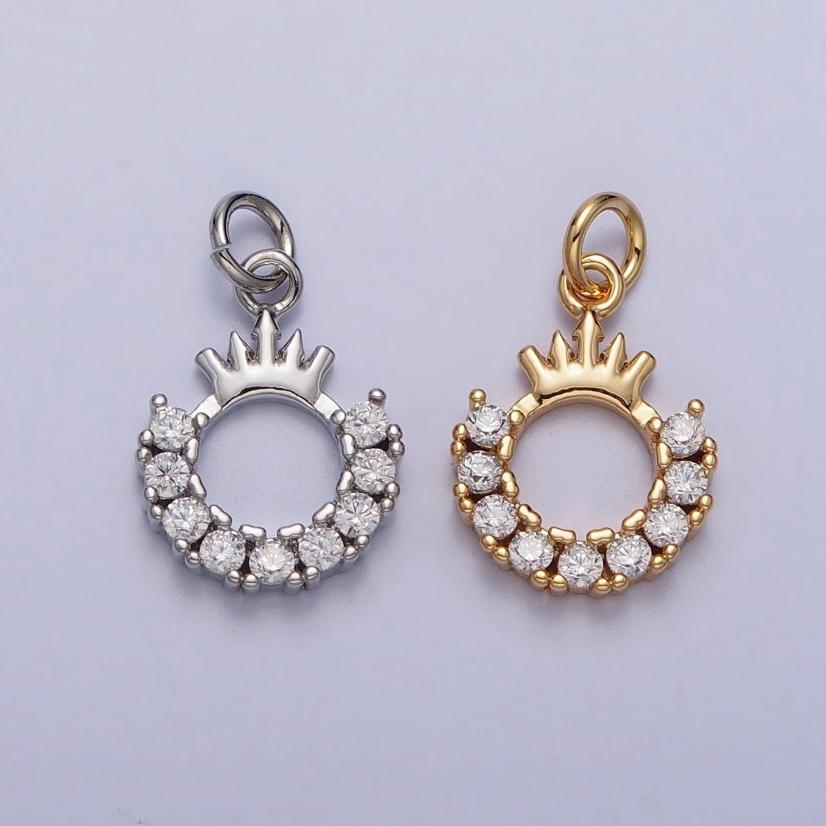 24K Gold Filled Tiara Crown Open Half Round Clear Micro Paved CZ Charm in Gold & Silver | AC258 AC259