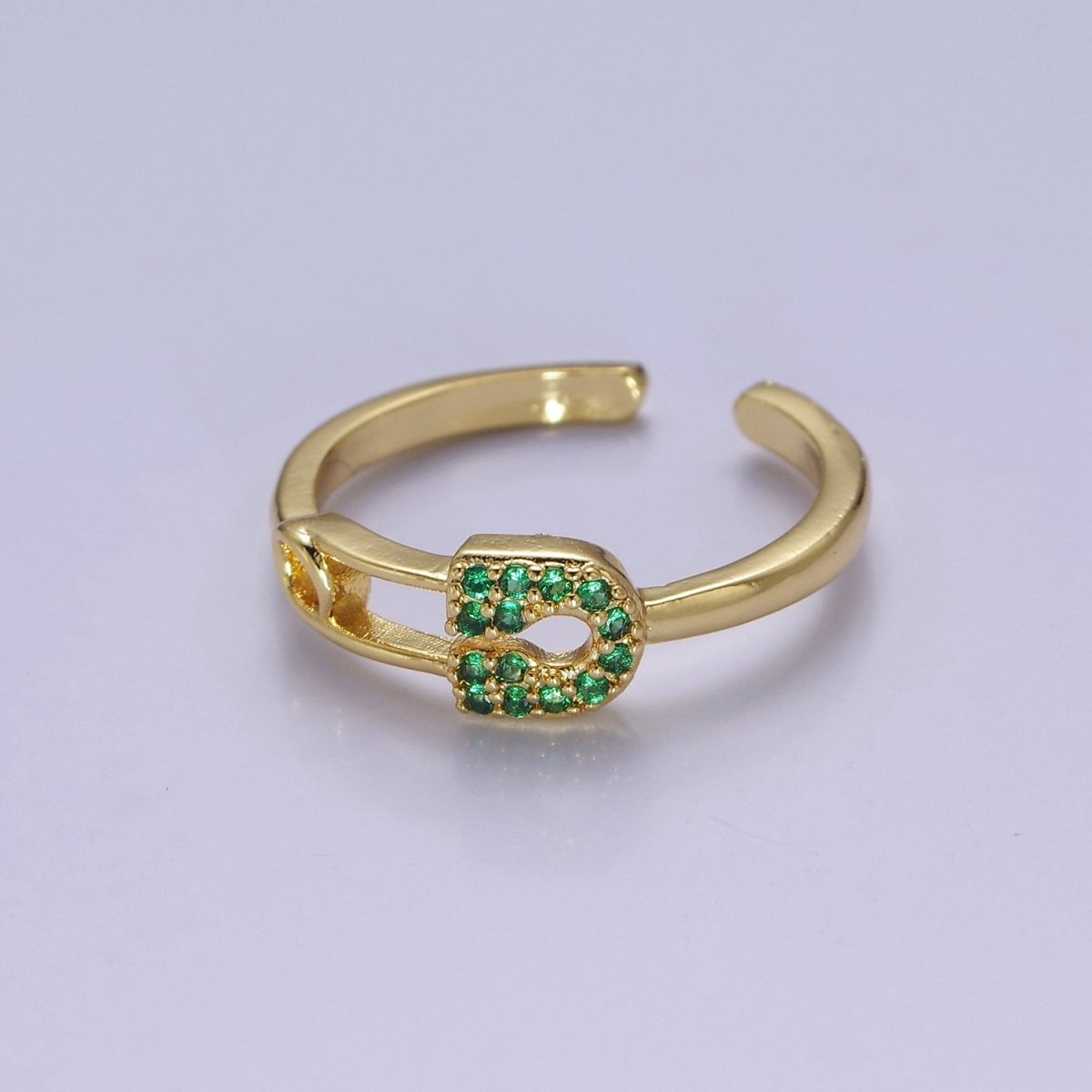 24k Gold Filled Tiny Safety Pin Ring | Emerald Green Micro Pave Dainty Ring O-2179 - DLUXCA
