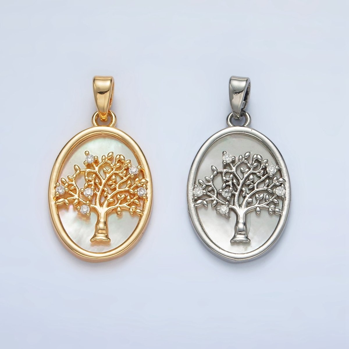 24K Gold Filled Tree CZ Shell Pearl Bezel Oval Pendant in Gold & Silver | AA1525