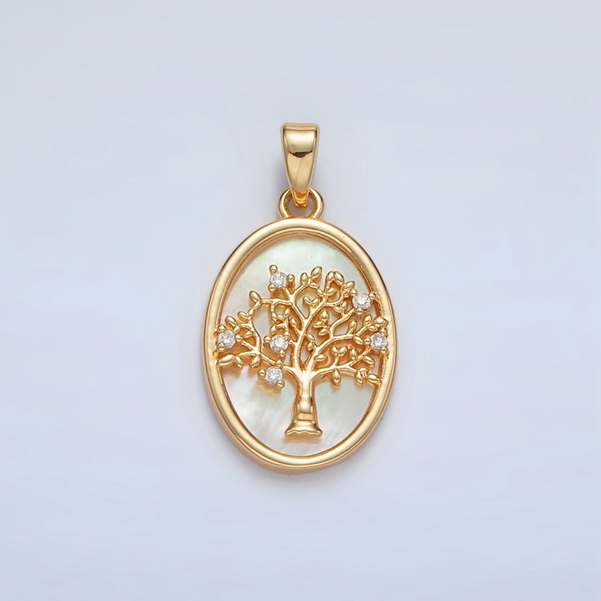 24K Gold Filled Tree CZ Shell Pearl Bezel Oval Pendant in Gold & Silver | AA1525