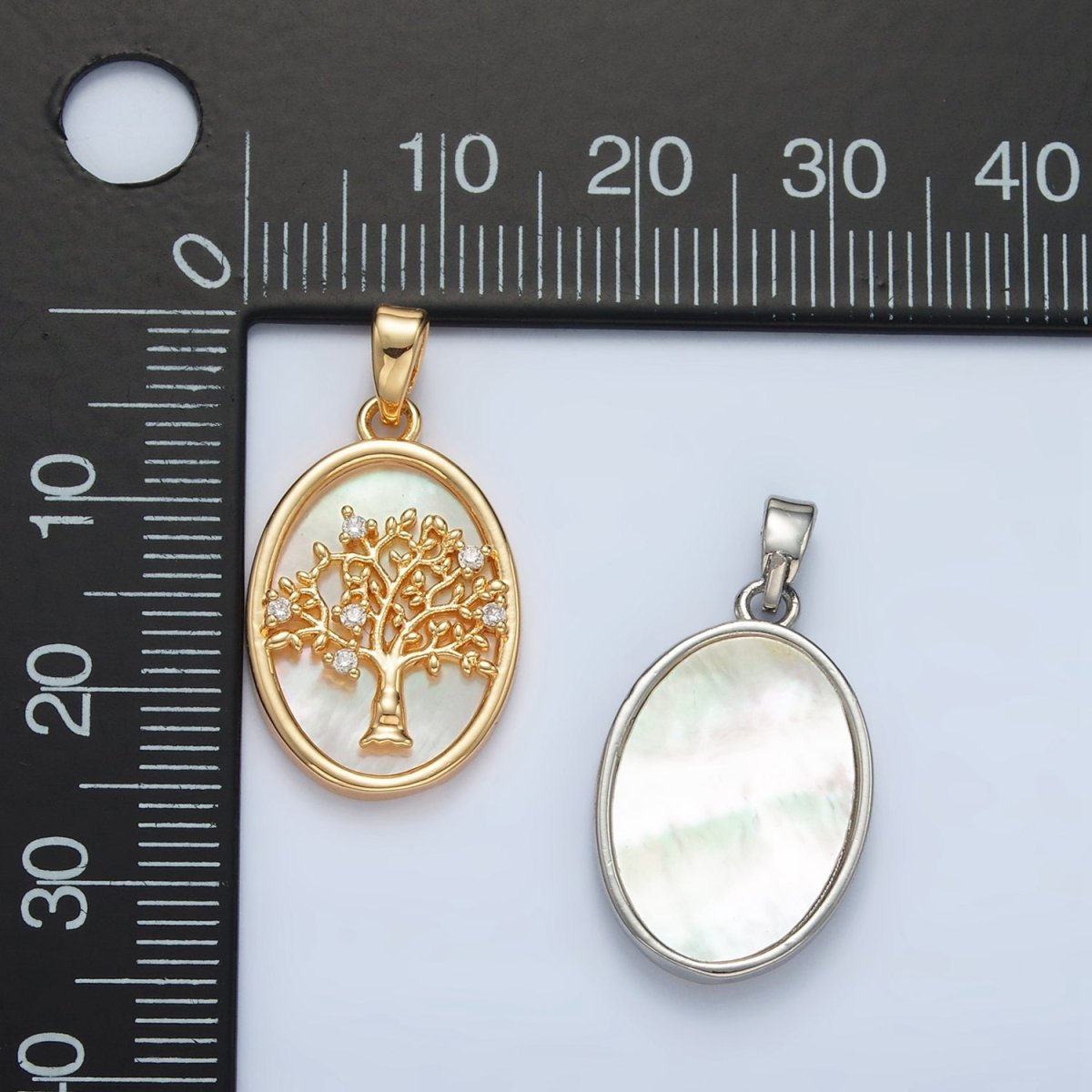 24K Gold Filled Tree CZ Shell Pearl Bezel Oval Pendant in Gold & Silver | AA1525