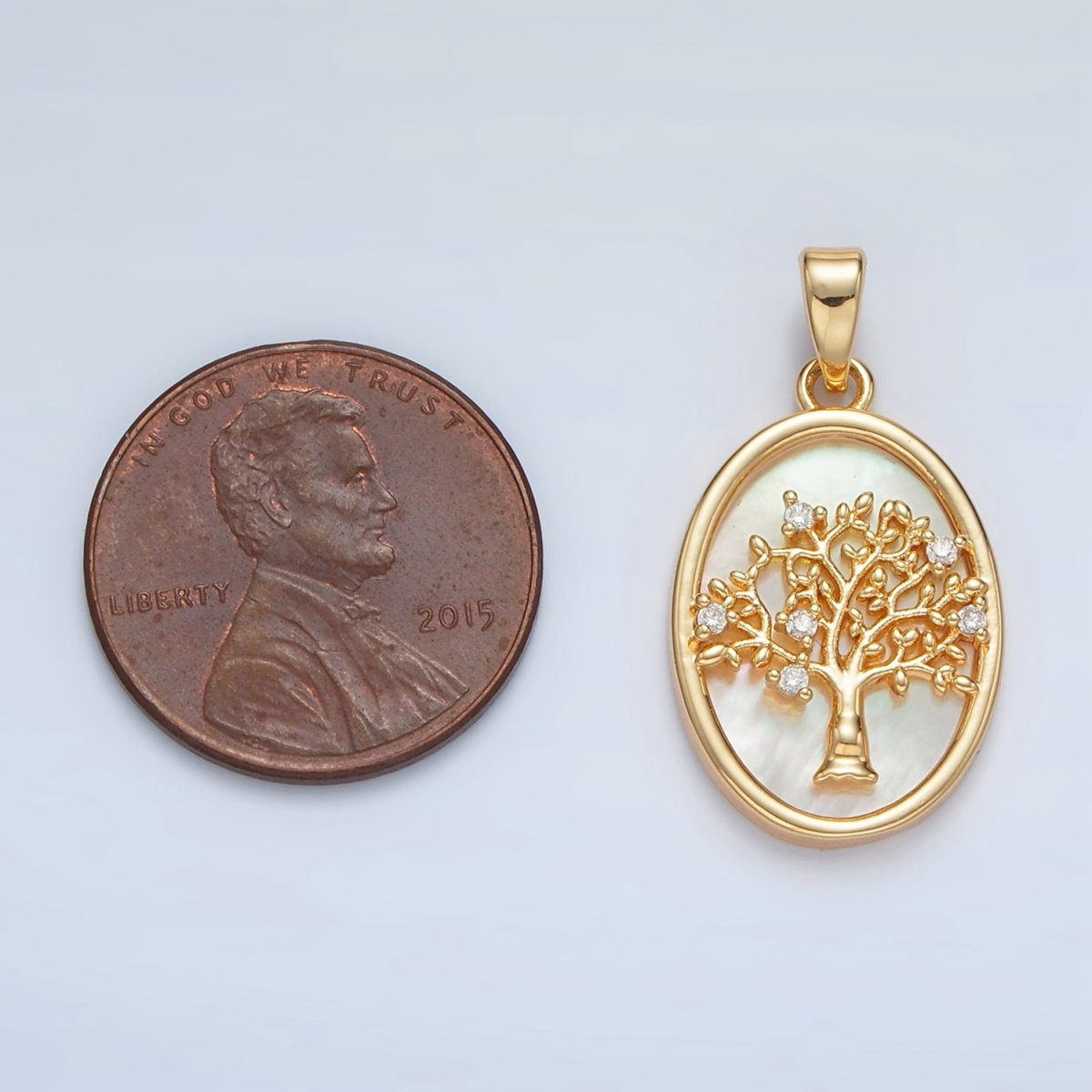 24K Gold Filled Tree CZ Shell Pearl Bezel Oval Pendant in Gold & Silver | AA1525